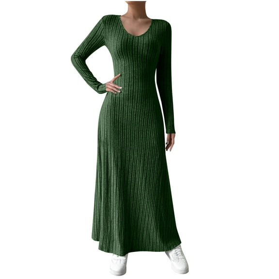 Women Long Sleeve Bodycon Sweater Dress Fall Ribbed Knit Crew Neck Dressy Causal Long Maxi Dresses