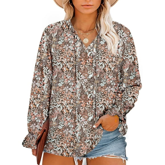 Blusa Eytino para mujer, talla grande, chifón, bohemio, floral, 2X, caqui