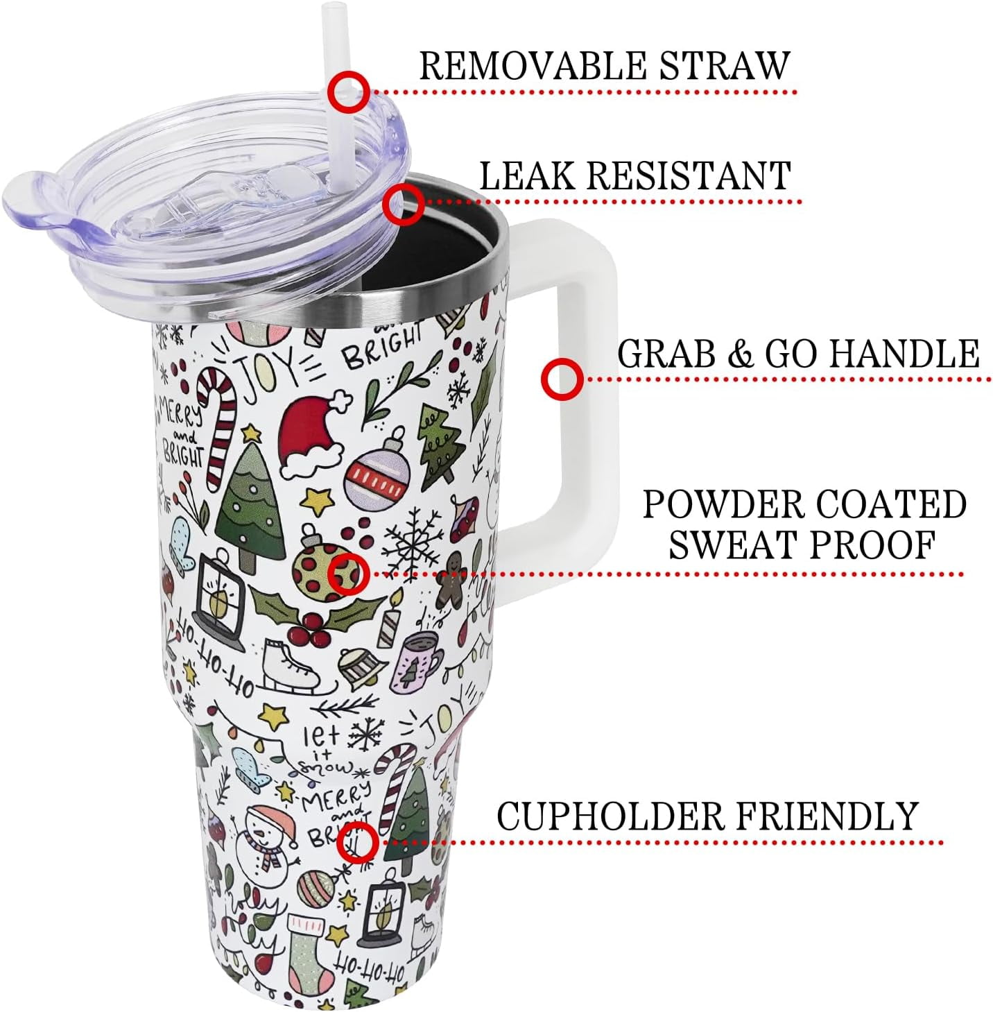 Christmas Gifts 40 oz Tumbler with Handle and Straw Lid,Cute Gifts for Women Snowman Xmas Tree Snowflake Vacuum Insulated Leak Proof Tumbler,Winter Holiday Accessories Stainless Steel Coffee Cup Mug
