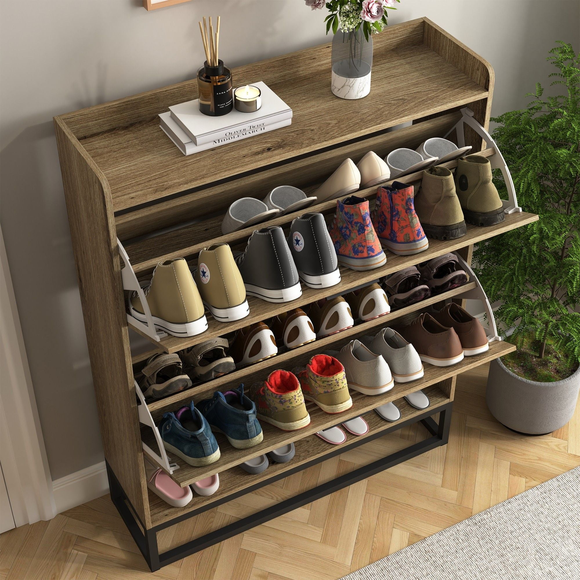 Finihen Shoe Cabinet, 2-Tier Shoe Storage Cabinet with Flip Doors, Vintage Entryway Shoe Organizer Rack with Open Shelves for Narrow Closet, Living Room, Brown Finihen Shoe Cabinet, 2-Tier Shoe Storage Cabinet with Flip Doors, Vintage Entryway Shoe Organizer Rack with Open Shelves for Narrow Closet, Living Room, Brown