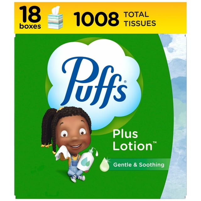 Loción Facial Tissue Puffs Plus, 18 cubos, 56 pañuelos por caja