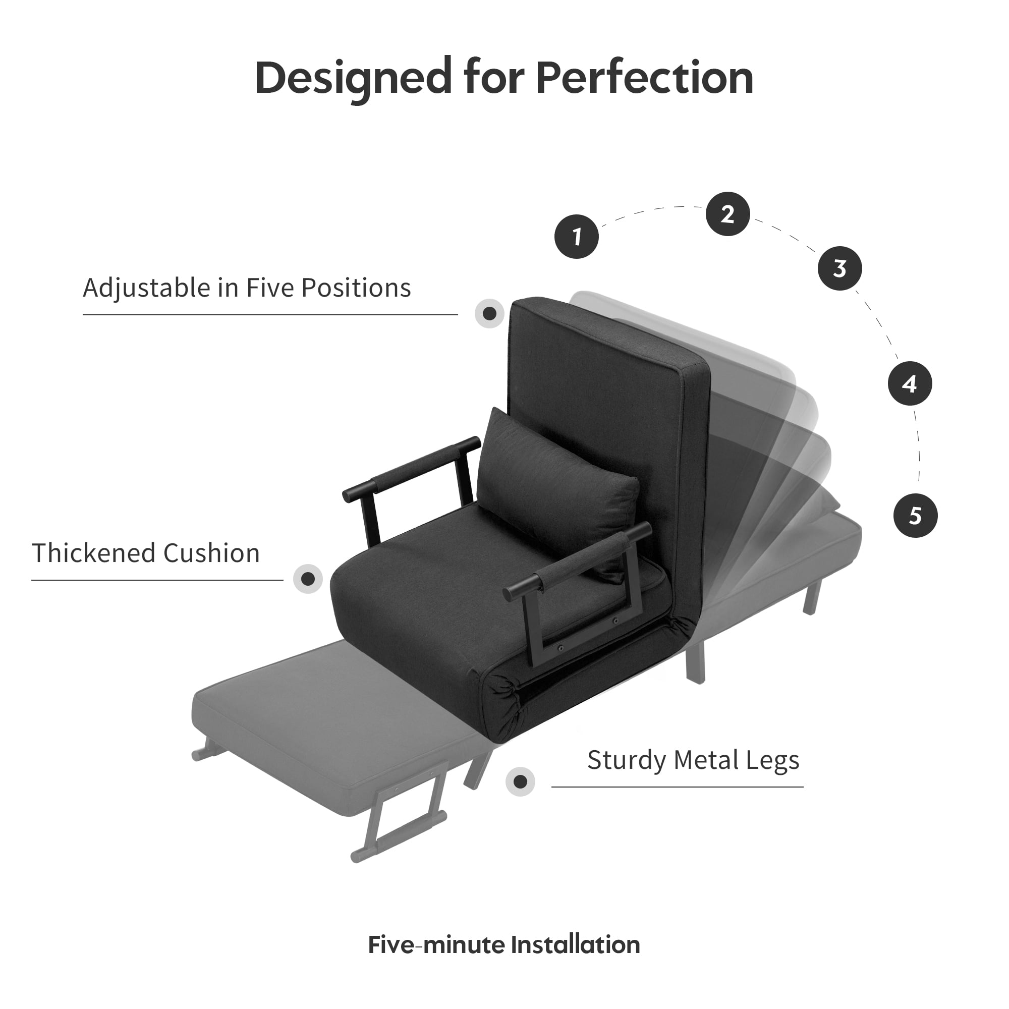 Aukfa Comfy Mini Sofa Adjustable Backrest Chaise Lounger Convertible Sofa Chair Bed w/ &Pillow, Black