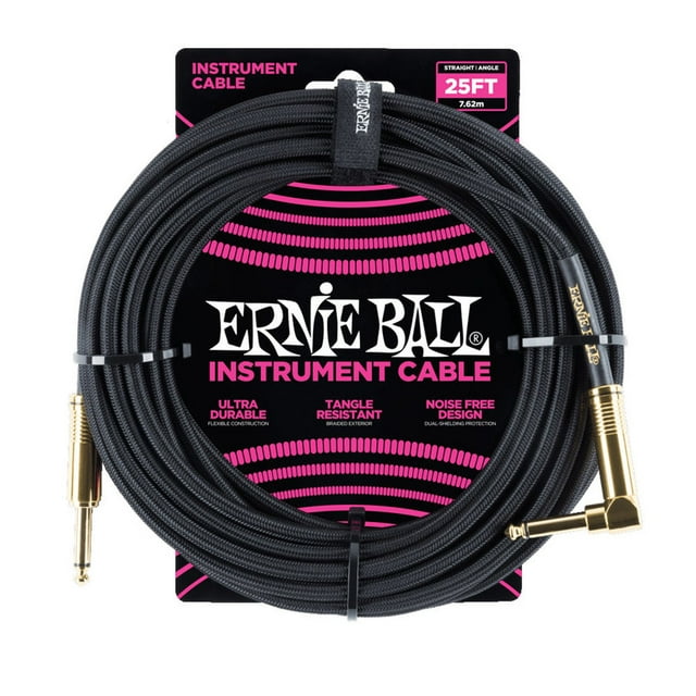 Ernie Ball Braided Instrument Cable - 1/4" TS to Right Angle 1/4" TS, 25', Black/Gold Tips