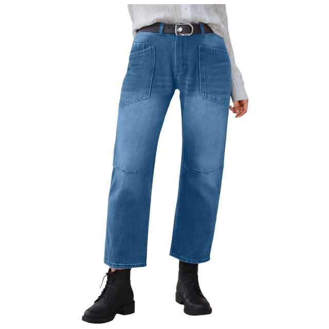 HSMQHJWE Bootcut Jeans for Women Stretchy Mid Rise Double Button Wash Solid 90s Straight Leg Jeans