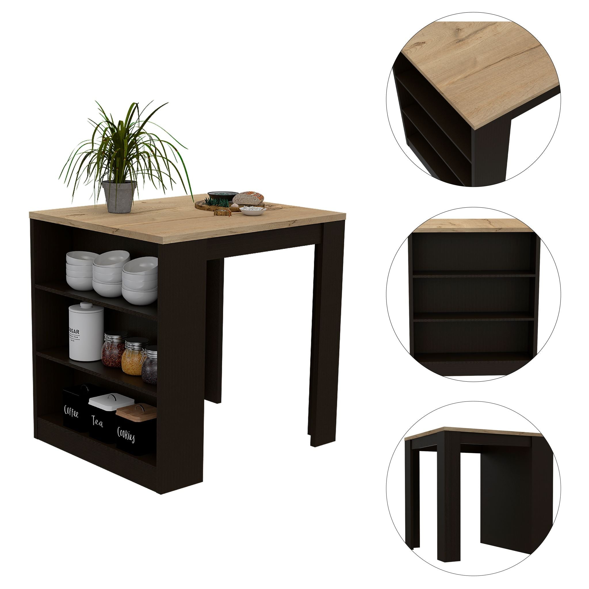 Boahaus Rennes Kitchen Island, Assembled Product Height 36 in, Black Wengue / Pine