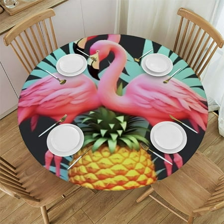 

Orinice Flamingos Pineapple Round Tablecloth Stain Resistant & Washable for Indoor Outdoor Kitchen Dining Wedding Parties 100% Polyester Elastic Edge 54 -58