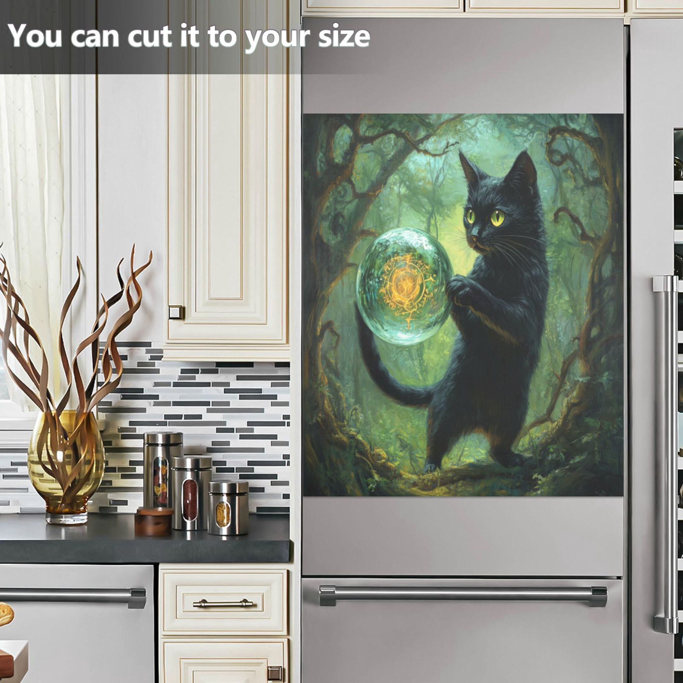 WOBOGO Black Cat Crystal Ball Magnetic Dishwasher Sticker Personalized DIY Beautiful and Practical Home Kitchen Decorations 23×16in