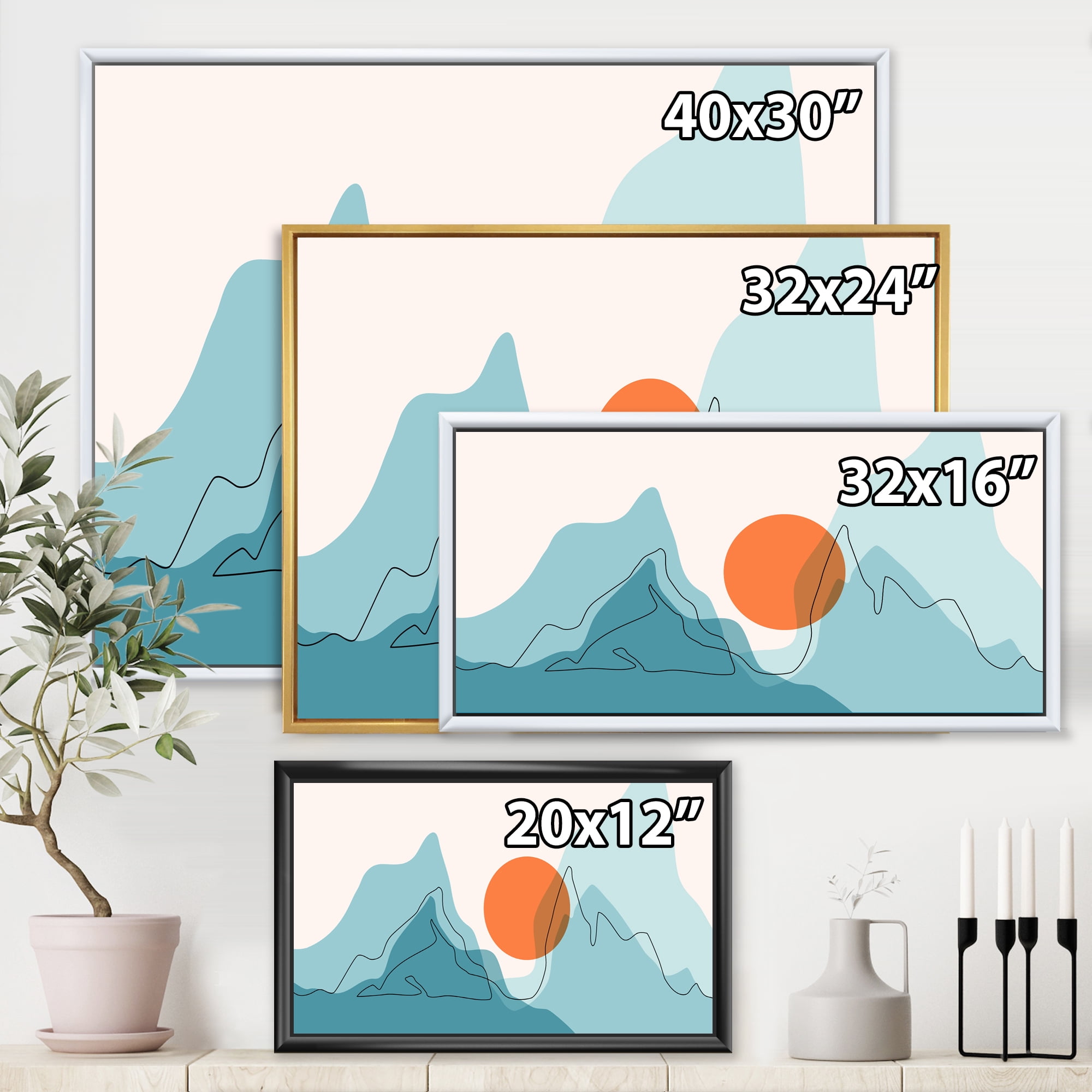 Designart 'Abstract Blue Mountains With Red Moon I' Modern Framed Canvas Wall Art Print