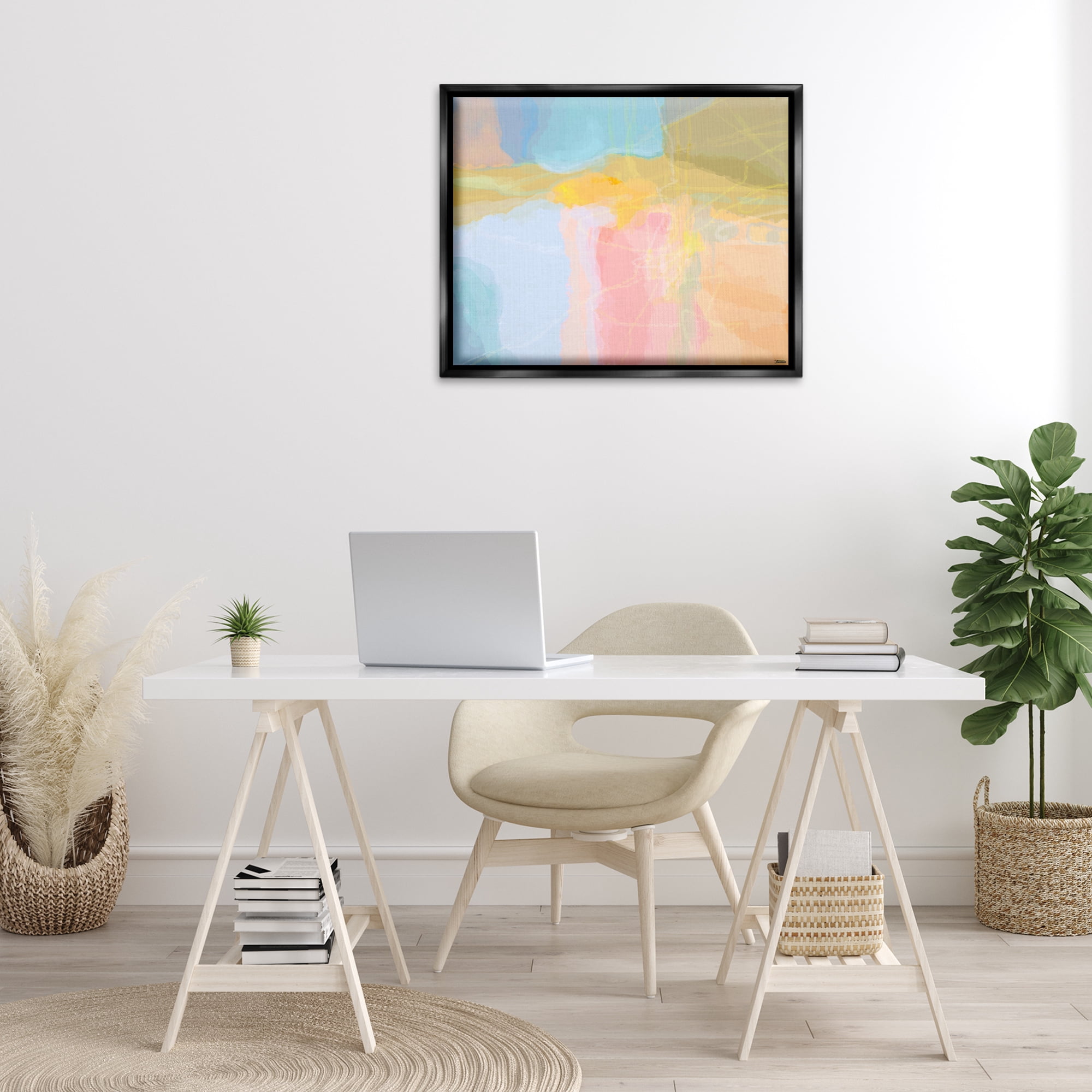 Stupell Industries Pastel Collaged Pattern Abstract Painting Black Floater Framed Canvas Art Print Wall Art, 31 x 25