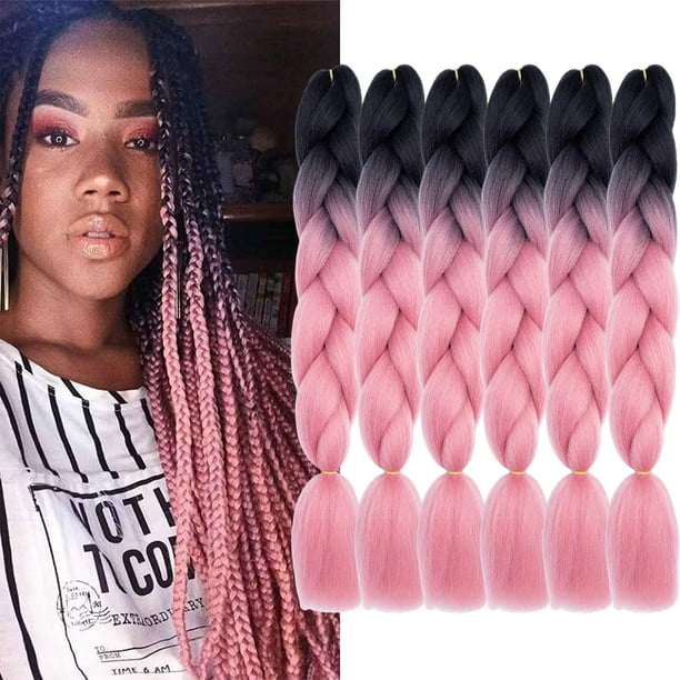 Fyrlna 6 paquetes de 24 pulgadas Jumbo trenzado cabello suave resistente a altas temperaturas extensiones de cabello sintético para mujeres (24 pulgadas (paquete de 6) negro a rosa rojo)