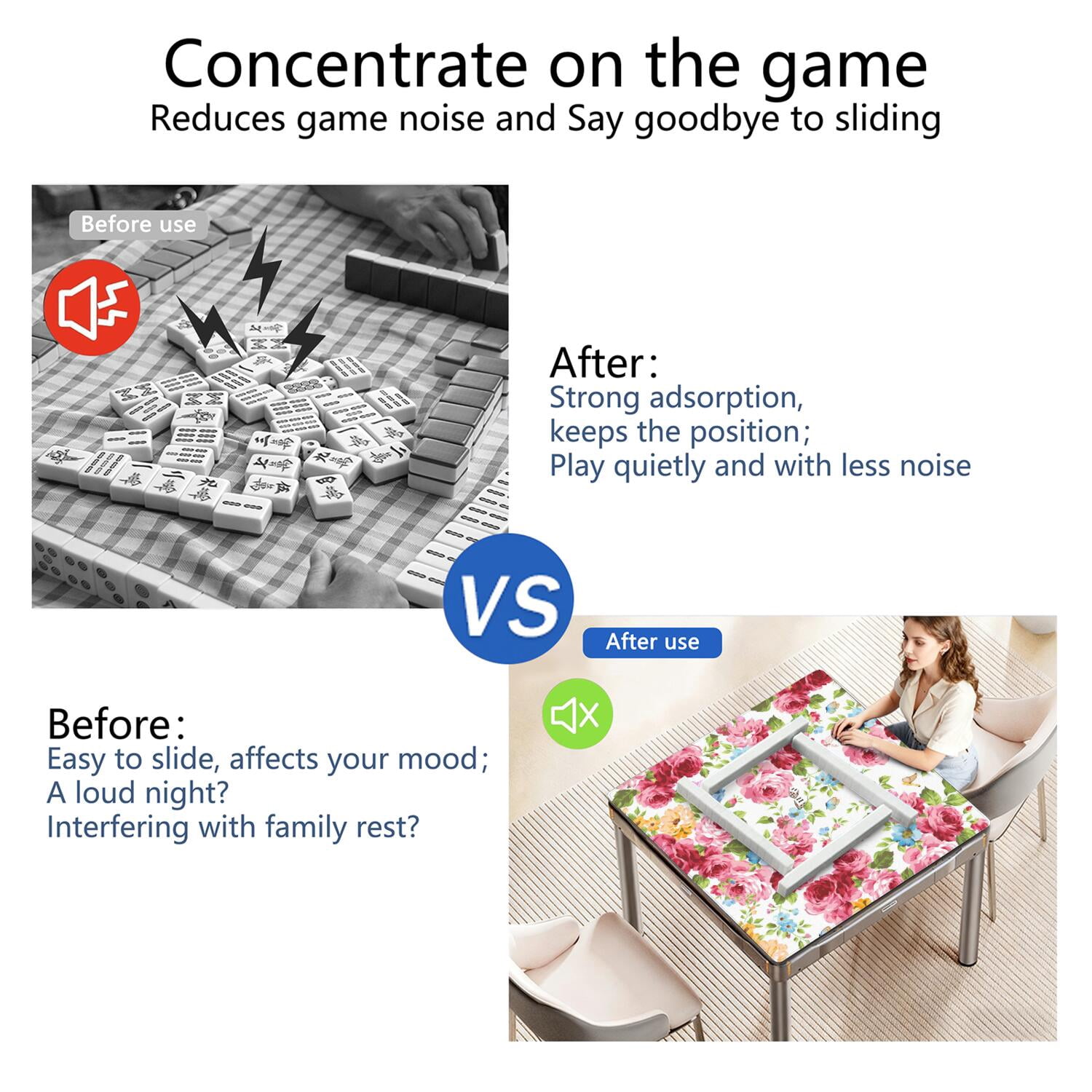 Large Square Floral Anti-Slip Game Table Pad 31.5x31.5 Inch Rubber Mahjong Playing Mat with Quiet Design for Card Games & Board Game Activities