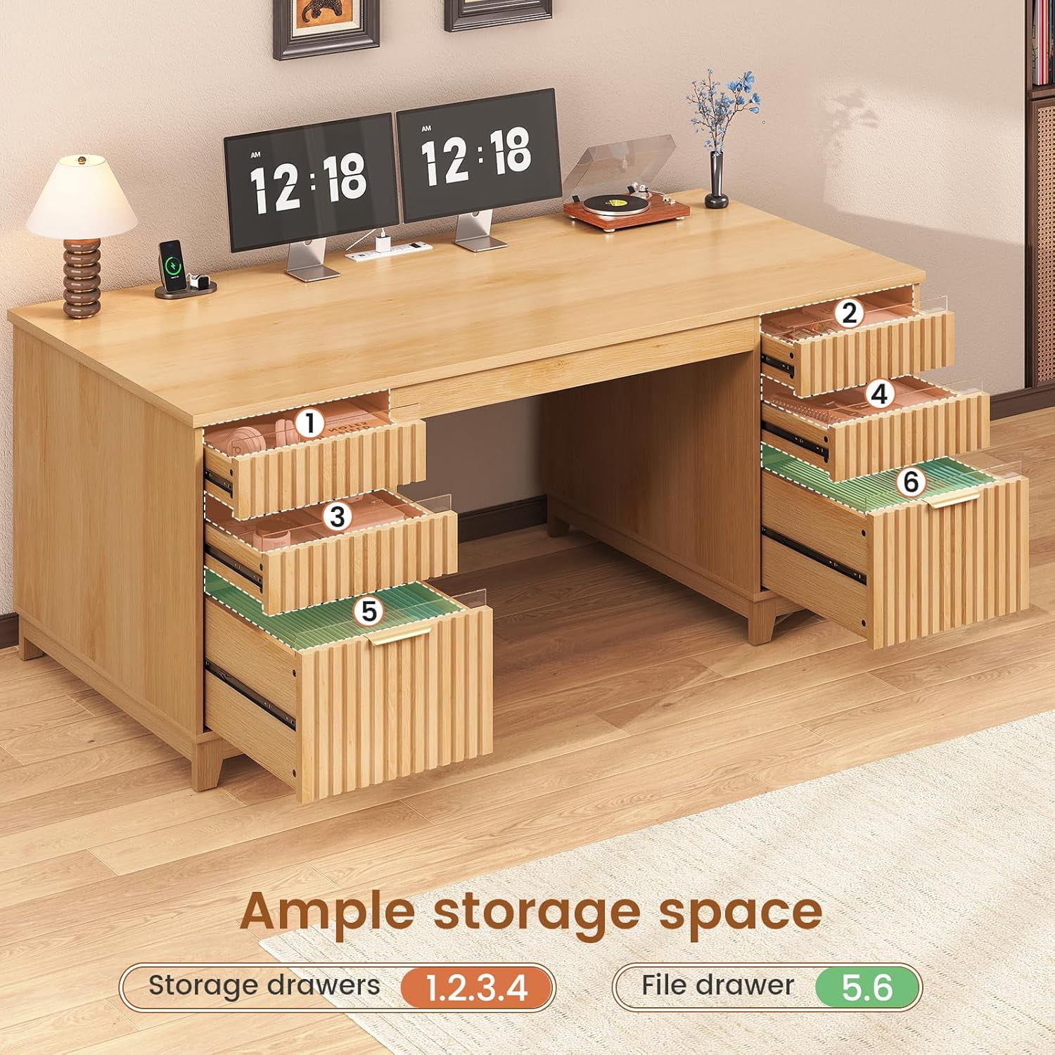 SEDETA 55 Inch Fluted Computer Desk with 6 Drawers, Modern Executive Desk with Acrylic File Drawers, Home Office Desk with Power outlets for Writing and Study, Vanity Desk for Bedroom, Natural Wood