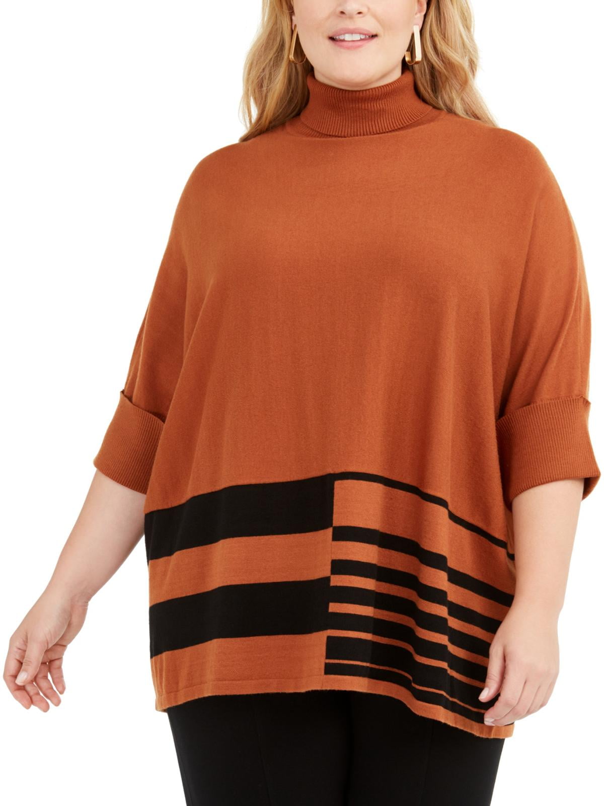 Alfani Womens Plus Colorblock Turtleneck Poncho Sweater