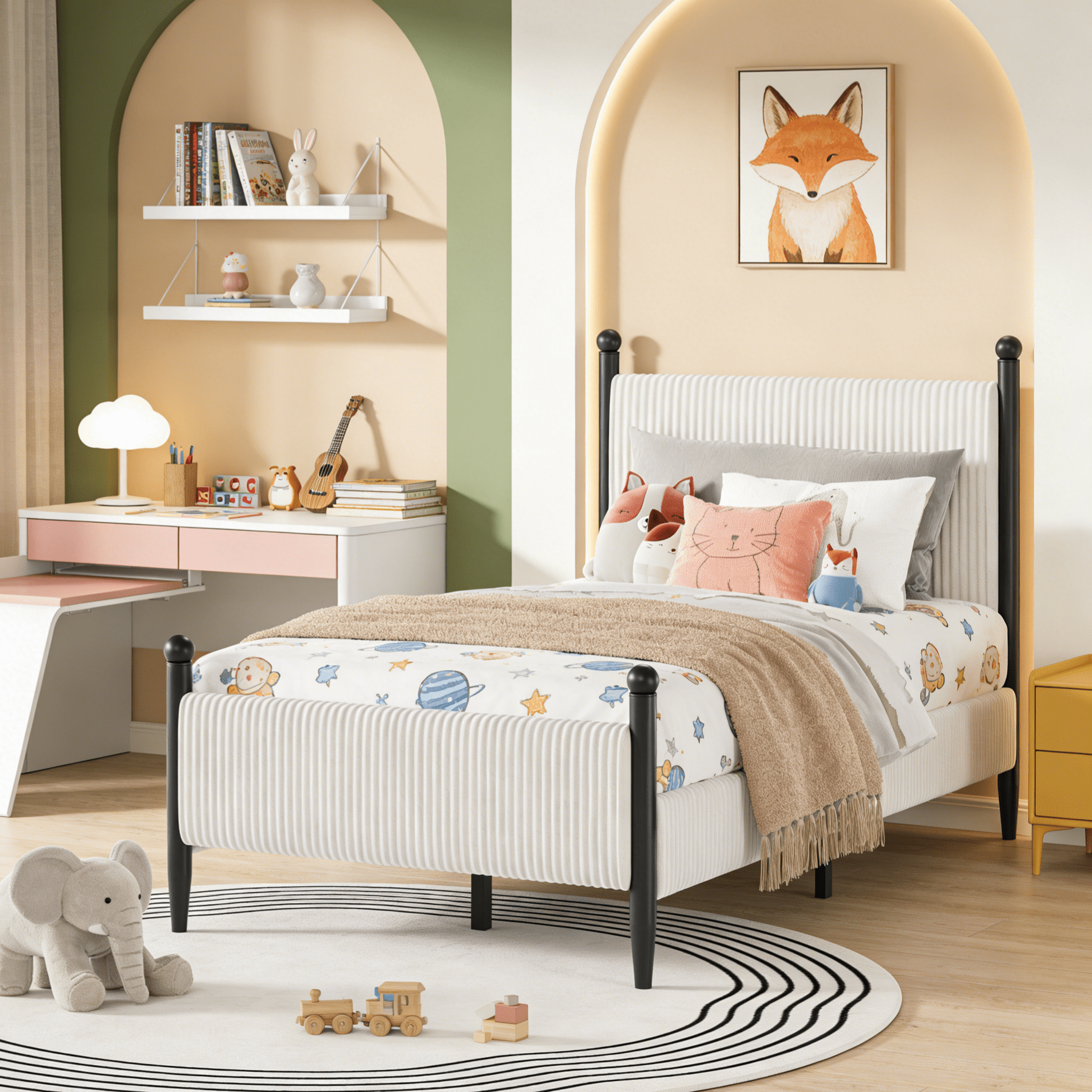 Twin Size Upholstered Bed Frame with Velvet Headboard, Soft Corduroy Fabric Platform Bed with Wooden Slats Support, No Box Spring Needed, White