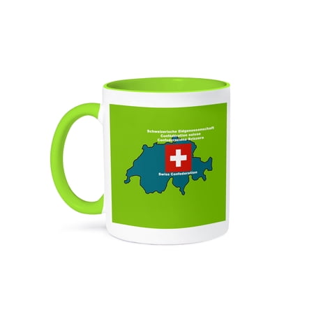 3dRose, Map and Flag of Switzerland with Swiss Confederation printed in English, German, French and Italian, 15oz Two-Tone Green Mug