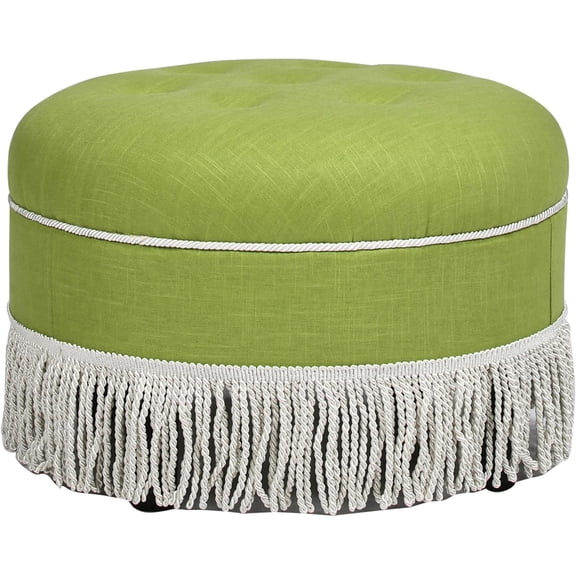 Pemberley Row Upholstered Bright Chartreuse Accent Ottoman Round Tassel Fringe 24"x24"x16" Unassembled