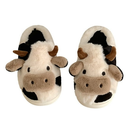 

SHIBAOZI Women Fuzzy Warm Slippers Funny Cartoon Cow Pattern Cozy Non-Skid Comfy Home Floor Slippers Shoes
