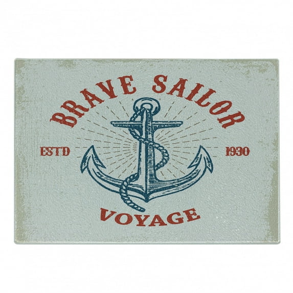 Vintage Nautical Tattoo Cutting Board, Anchor Rope Maritime Voyage Art, Decorative Tempered Glass Cutting and Serving Board, in 3 Sizes, by Ambesonne