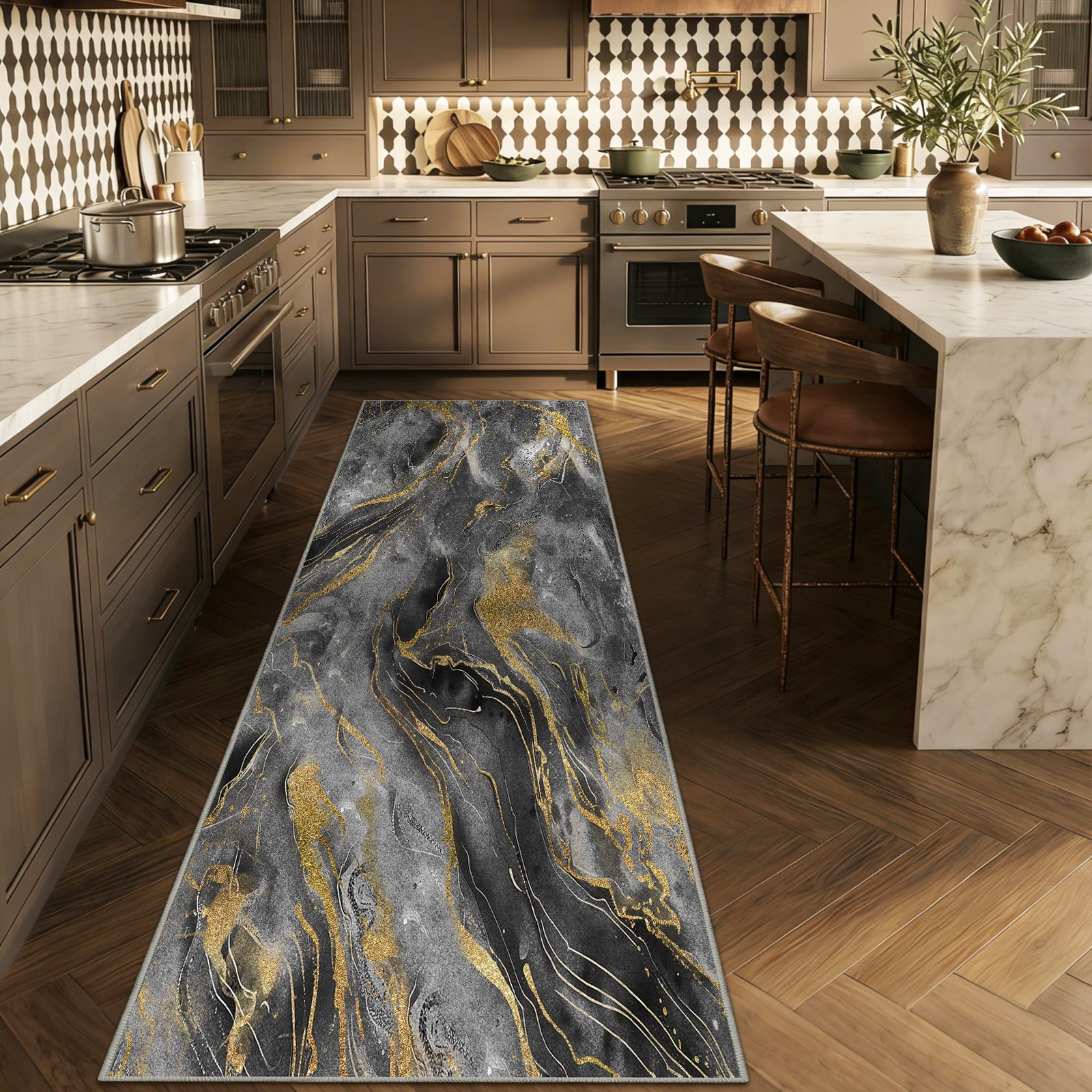 2x8 Abstract Marble Runner Rug Non Slip Washable Rug, Soft Faux Wool Modern Rugs for Hallways, Kitchen Runner Rugs Non Skid, Stain Resistant Floor Carpet for Laundry Entryway Bedroom Bathroom