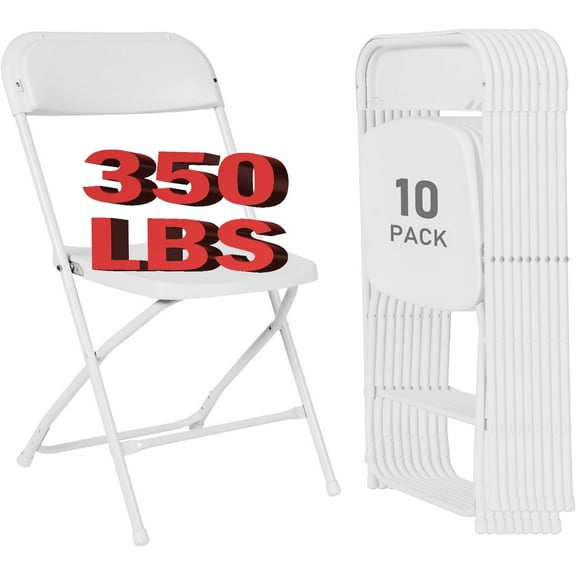 White Folding Chairs 10 Pack, Plastic Folding Chair for Outside, Indoor Outdoor Portable Commercial Seat with Steel Frame, Foldable Chairs for Party Events Office Wedding Birthday, 350LBS Capacity