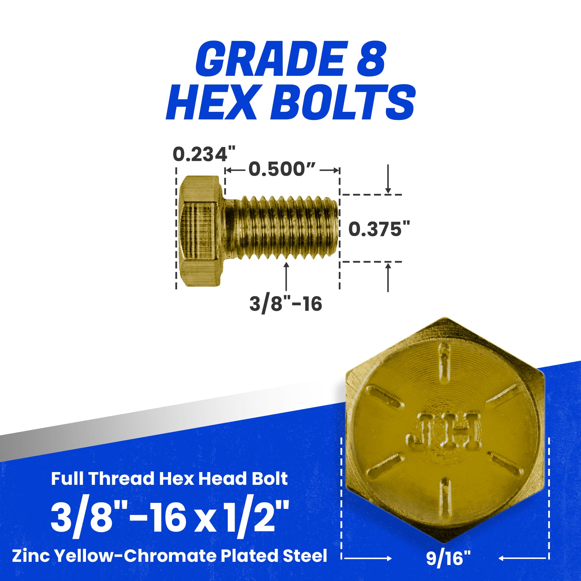 Fastenere 3/8"-16 x 1/2" Hex Bolts Grade 8 Zinc Yellow-Chromate Plated Steel, Fully Threaded Durable Hex Bolts for Machinery & Construction, Rust-Resistant, Heavy-Duty Fasteners, Pack of 25