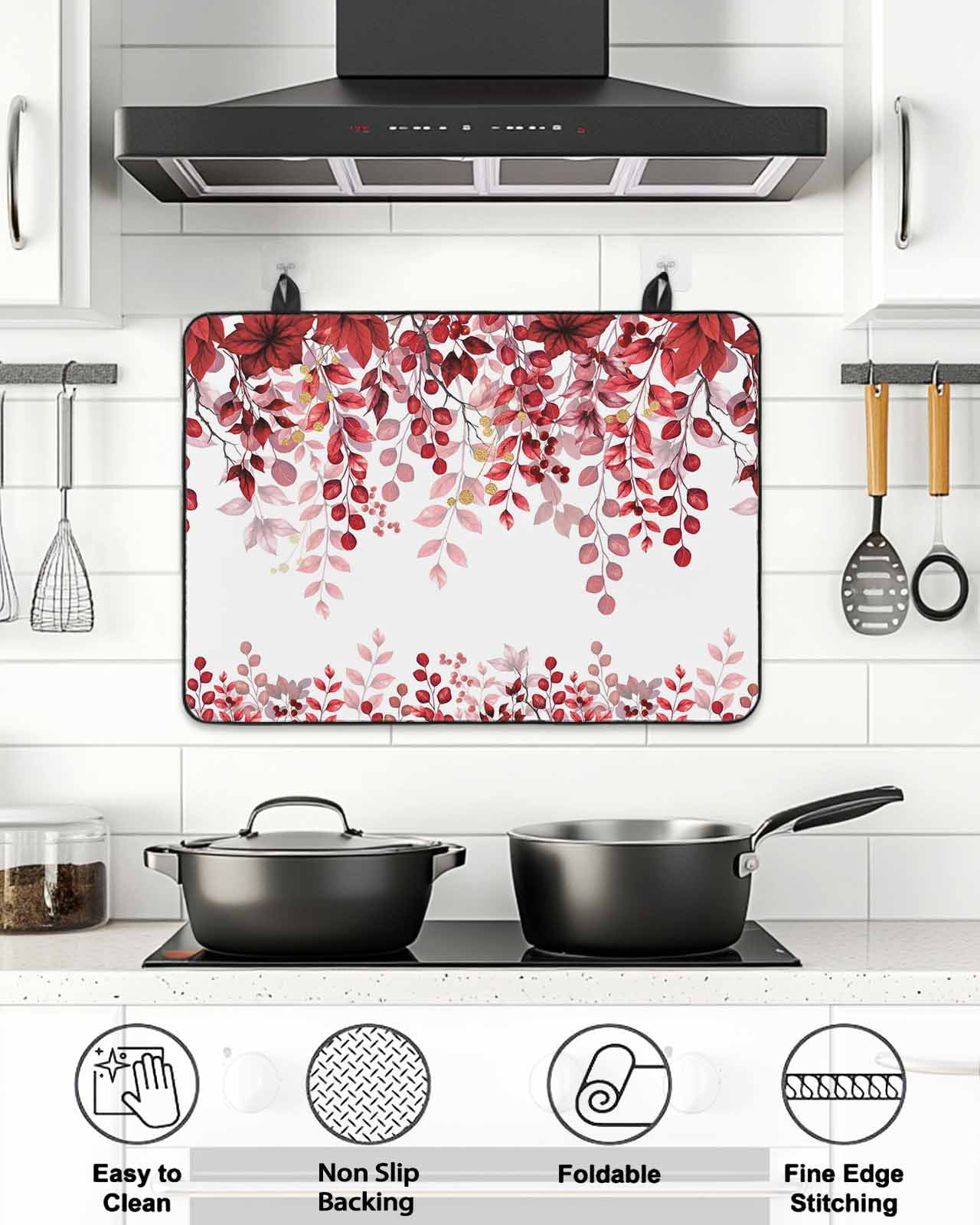 Stove Top Covers for Electric Stove, Red Eucalyptus Leaves Glass Stovetop Cover Protector, Summer Botanical Weeping Induction Cooktop Protector Oven Mat for Kitchen Countertop 28.5"x20.5"