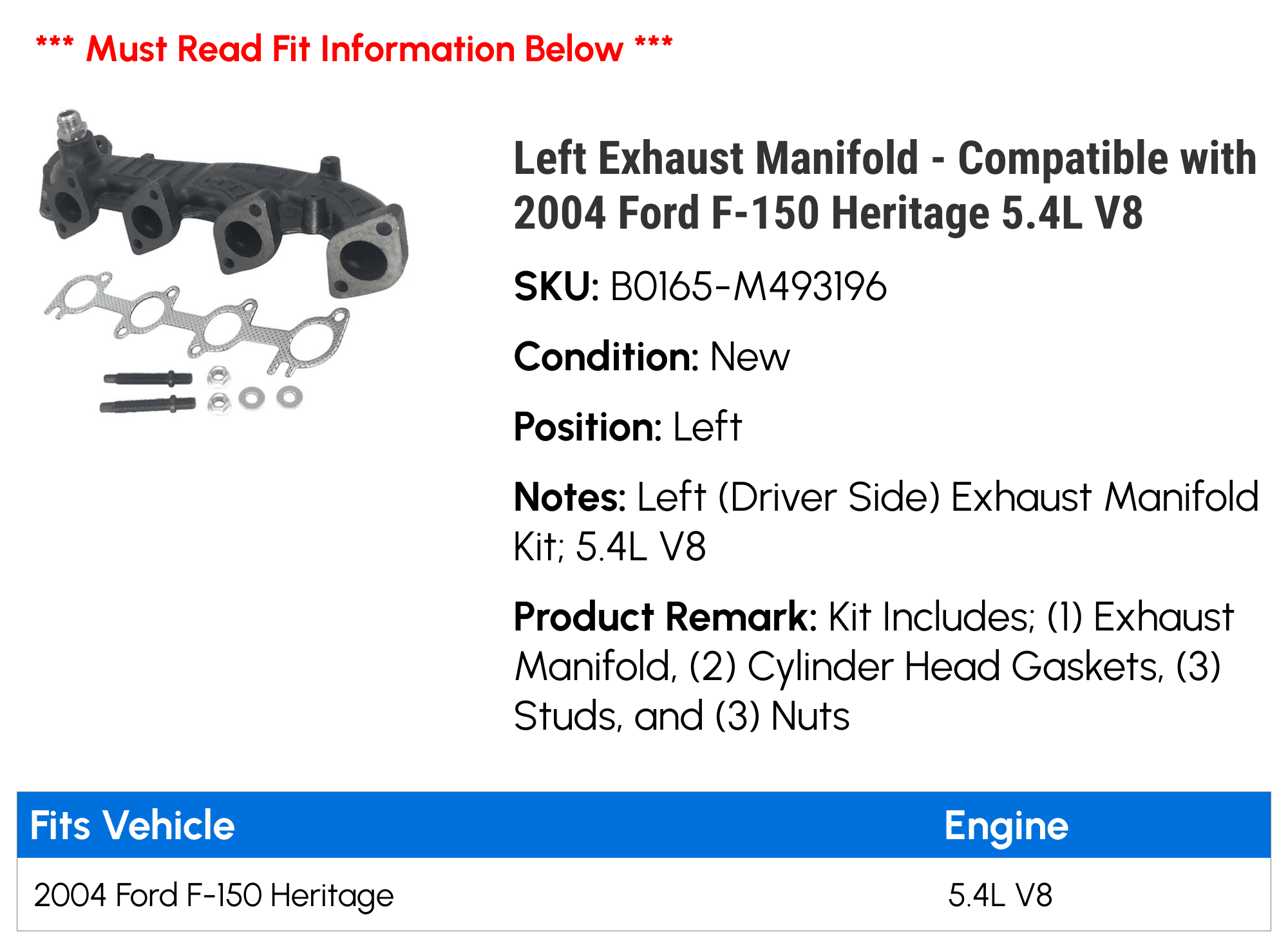 Left Exhaust Manifold - Compatible with 2004 Ford F-150 Heritage 5.4L V8