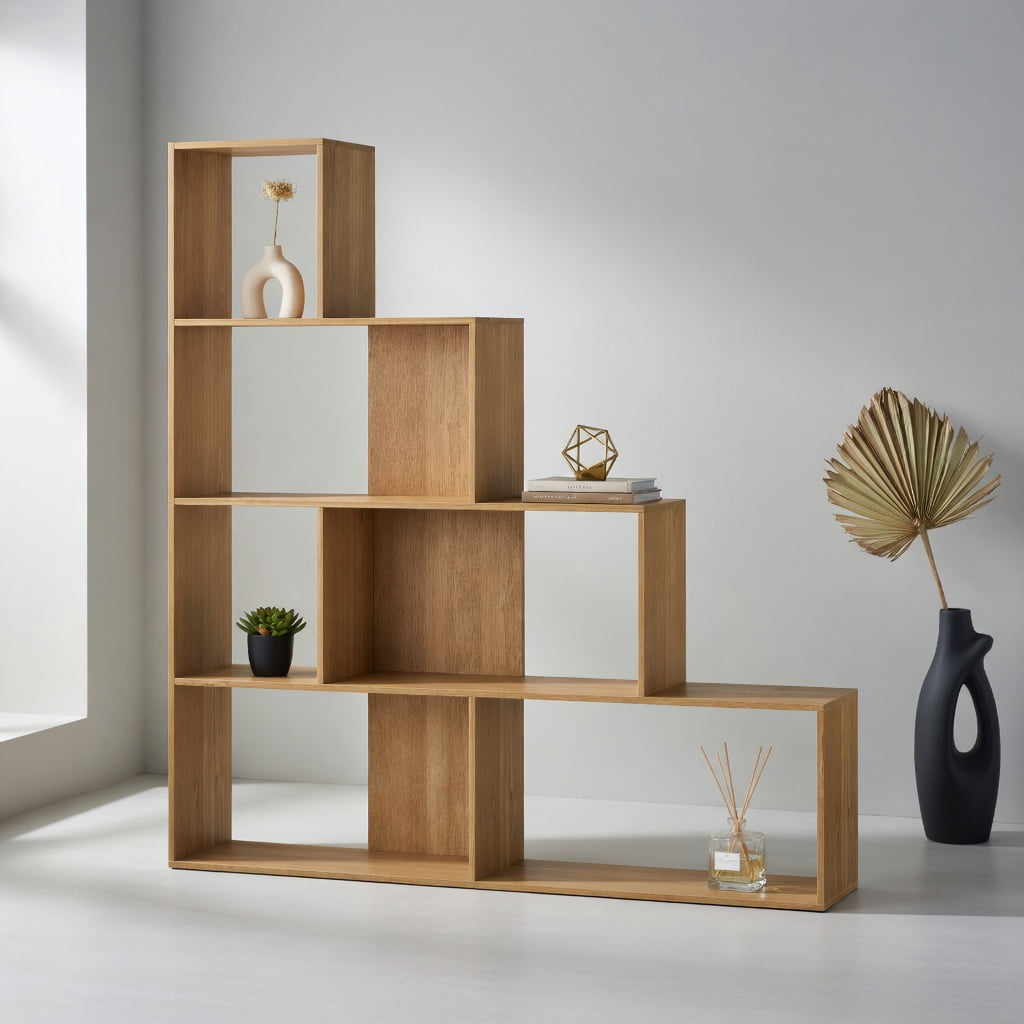 GVN Bookcases,6 Cubes Ladder Shelf Corner Bookshelf Storage Bookcase-Natural