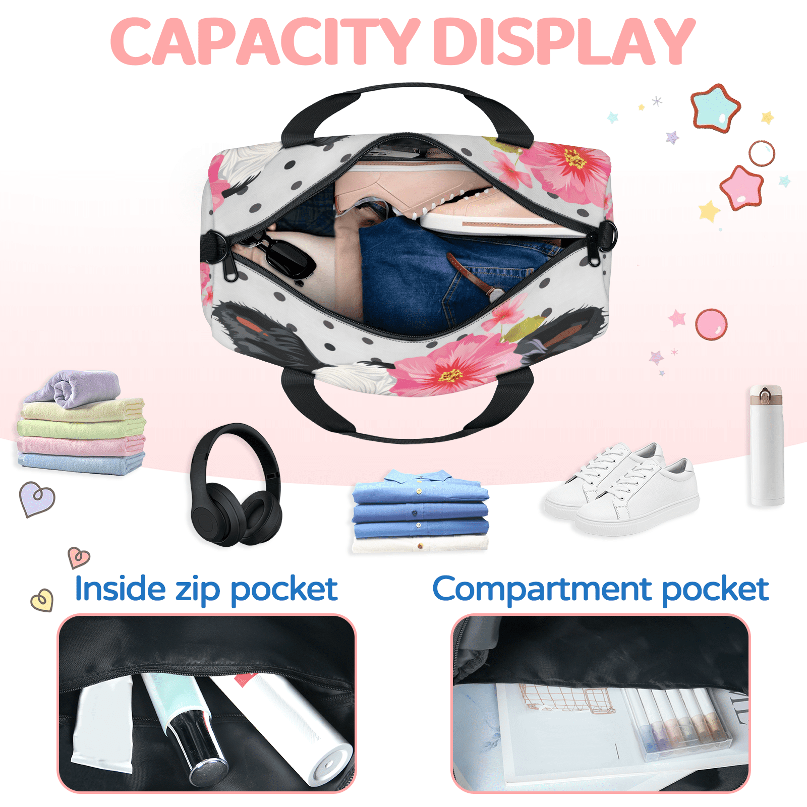 Herdesigns Cute Floral Cow Gym Bag for Women, Duffle Bag for Travel Sport, Lightweight Waterproof Carry on Weekender Overnight Dance Yoga Workout Bags
