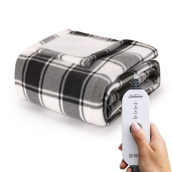 Sunbeam Fleece Electric Heated Throw, White Buffalo Plaid, 4 Heat Settings, 4-Hour Auto Shut-Off, Cozy Warmth, 50" x 60", Heated throw, 50" x 60"