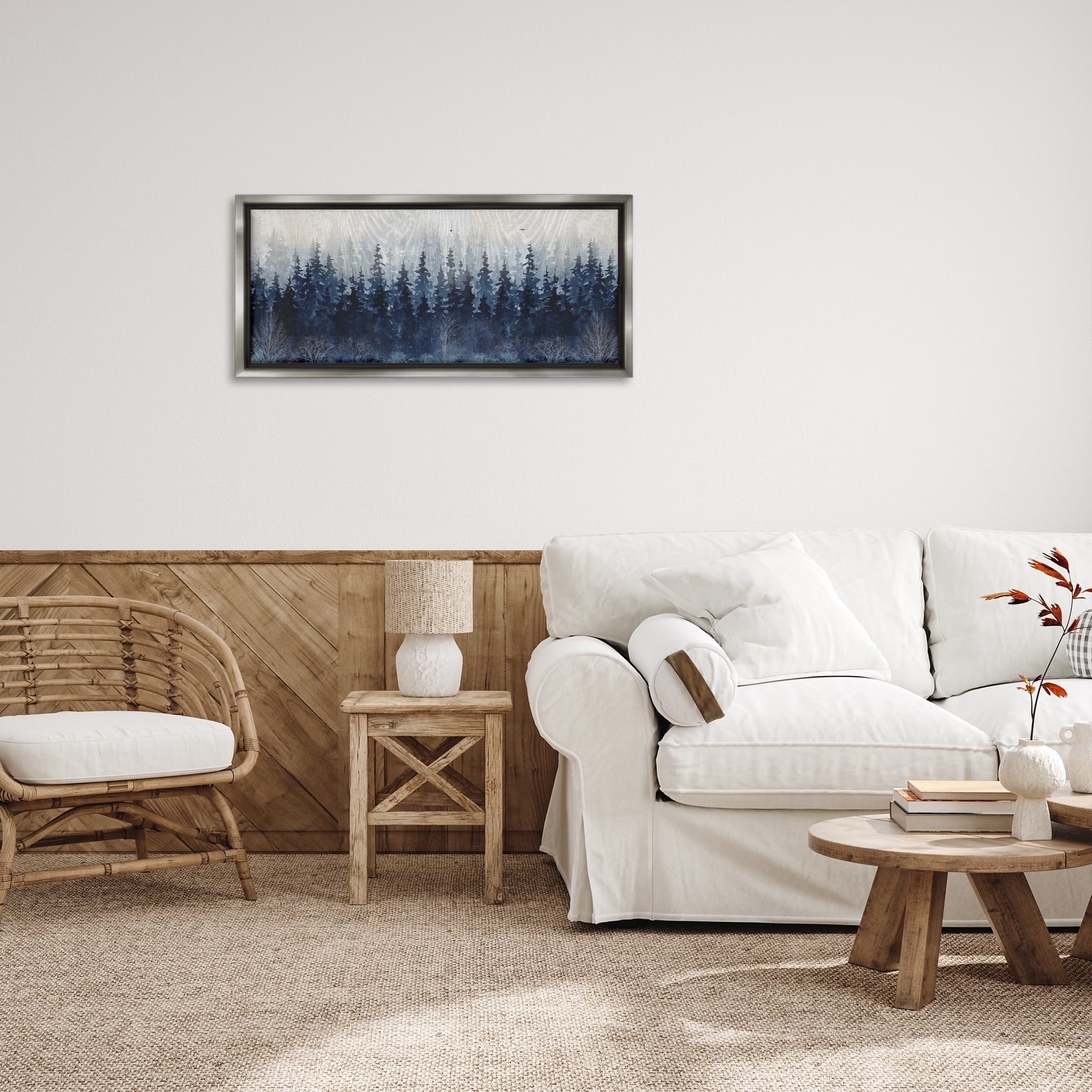 Stupell Industries Rustic Blue Forest Tree Line Landscape Painting Gray Floater Framed Canvas Art Print Wall Art, 31 x 14