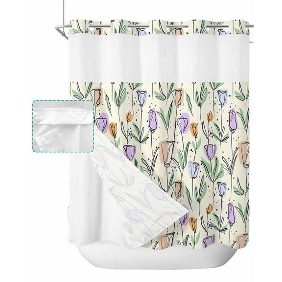 No Hook Shower Curtain with Snap in Liner, Spring Hand-painted Simple Flowers Tulips Yellow Hotel Shower Curtains for Bathroom, Washable Shower Curtain Liner Set with Mesh Top Window, 72"x72"