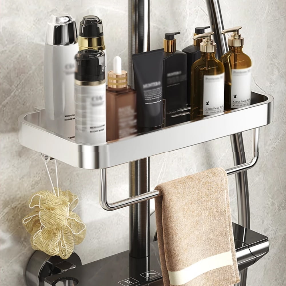 Modern Aluminum Shower Shelf with Hooks, Adjustable Height and Rotation Bathroom Hanging Organizer