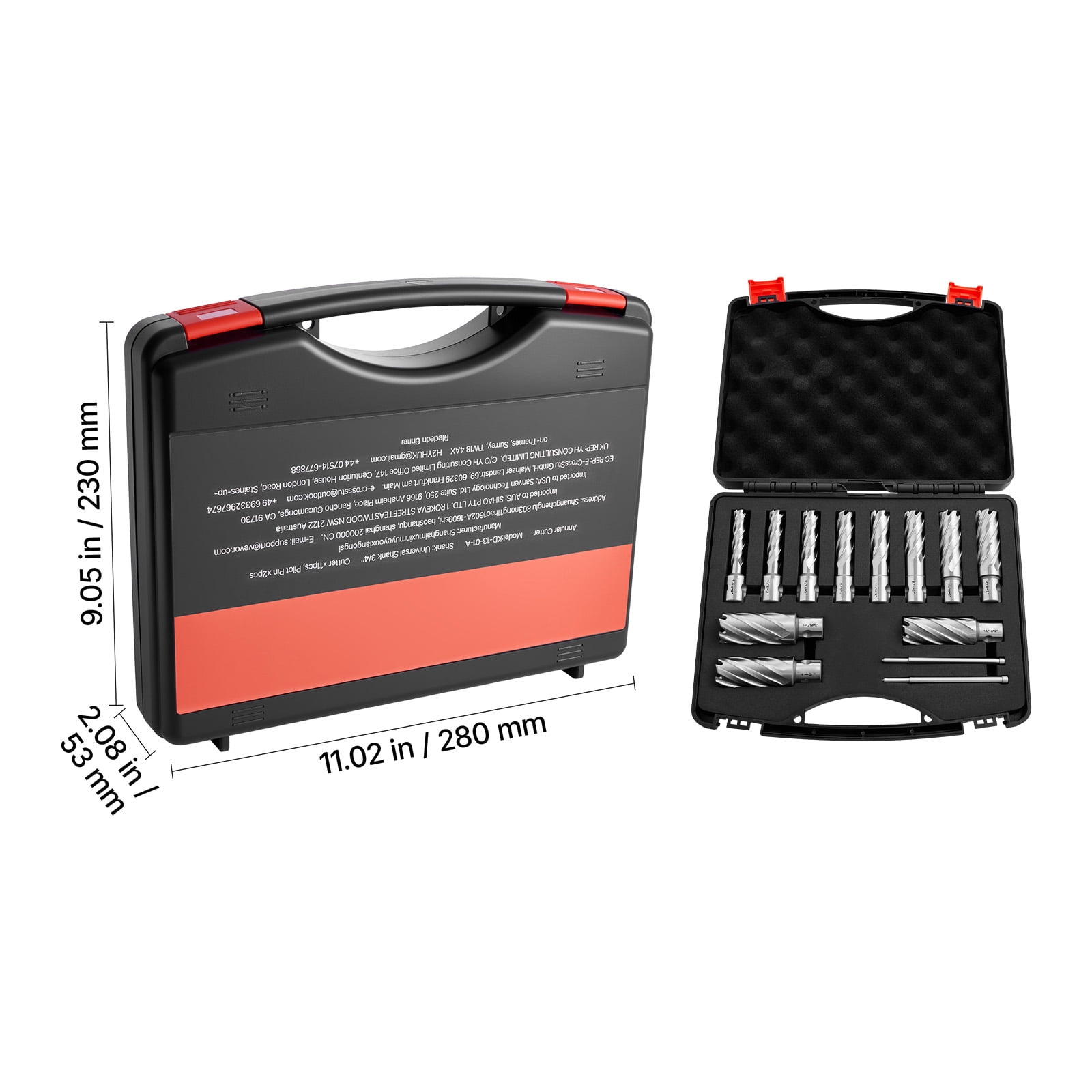 KFFKFF 13-Piece Annular Cutter Set, Universal Shank Drill Bit Kit, 2" Cutting Depth, 7/16" to 1-1/16" Diameter, HSS Material, Includes 11 Drill Bits, 2 Pilot Pins, and Plastic Case