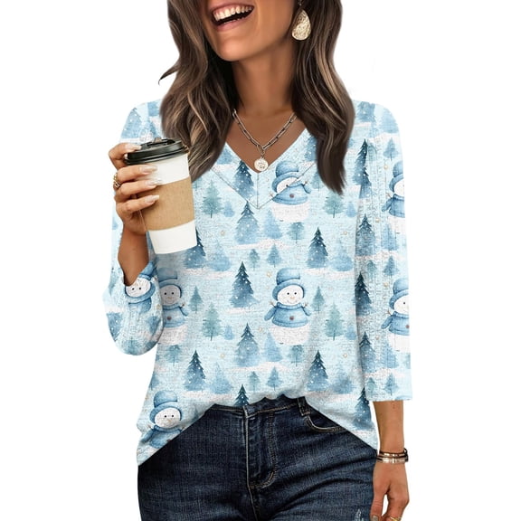 Women's Casual Fashion Christmas Print 3/4 Sleeve Top, Holiday Graphic Tee, Stylish Blouse for Fall Winter Seasonal Wear,Sky Blue,3XL