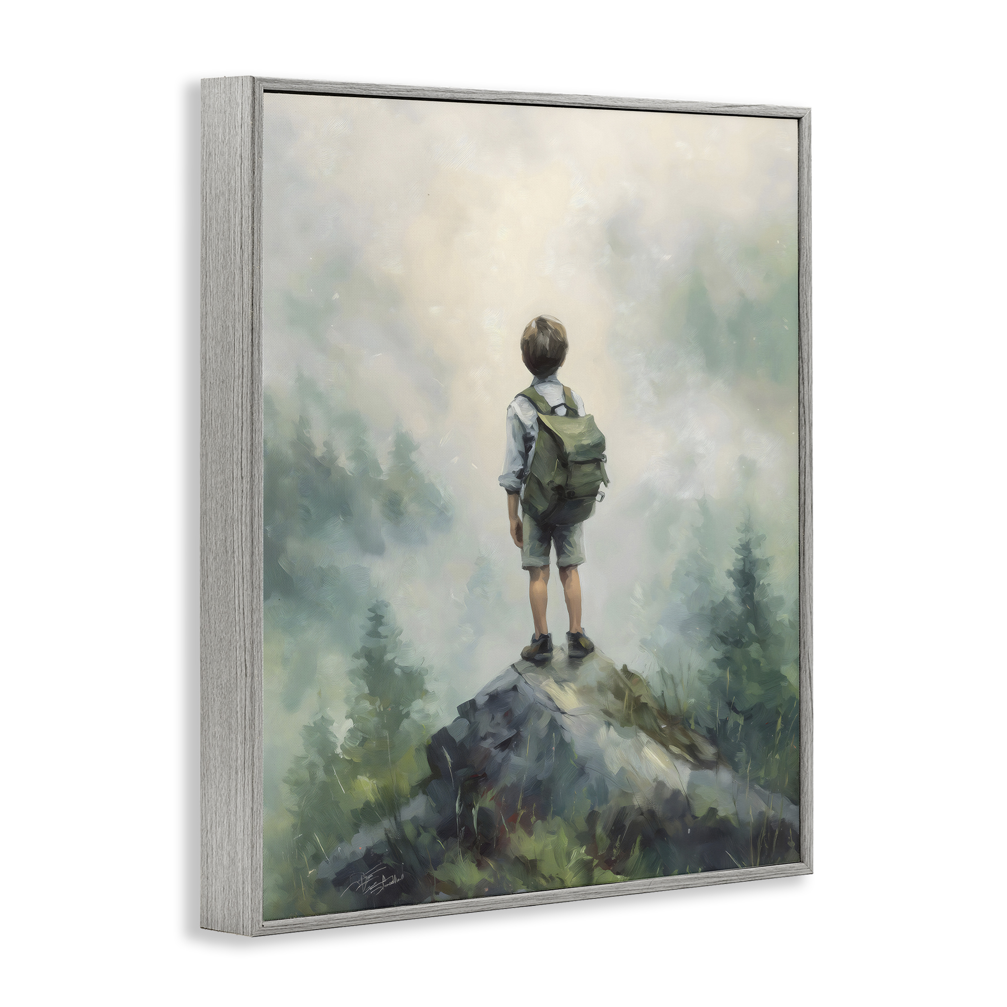 Boy Adventurer Atop Mountain Gray Framed Giclee Art, design by Arlington Prints