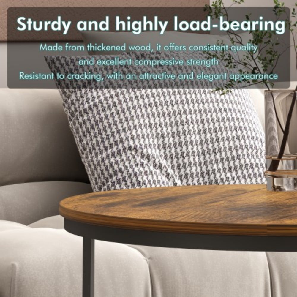 27.6" Nesting Coffee Table Set of 2, Round Wood Marble Pattern Top with Sturdy Metal Frame, Stackable End Tables for Living Room, Bedroom, Office, Rustic Brown & Black