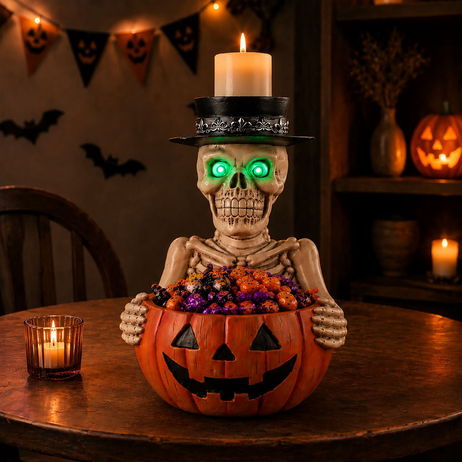 Alvantor Halloween Skeleton Decorations Table Decor with Pumpkin Bowl & Candle Holder