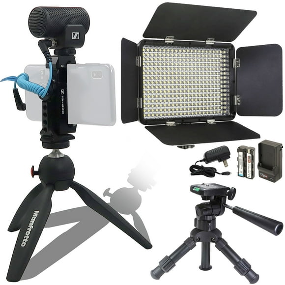 Sennheiser Kit Mobile Professionnel MKE 200 Microphone Directionnel sur Caméra avec Pince pour Téléphone Intelligent & Trépied de Table Manfrotto + Kit d'Éclairage Vidéo Studio Vidpro LED-330X Varicolor