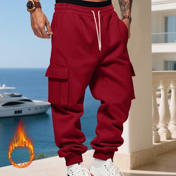 Big and Tall Sweatpants for Men Casual Fleece Cargo Joggers Elastic Waist with Pockets, Relaxed Fit Pants for Workout, Lounge & Winter Casual Red 3XL
