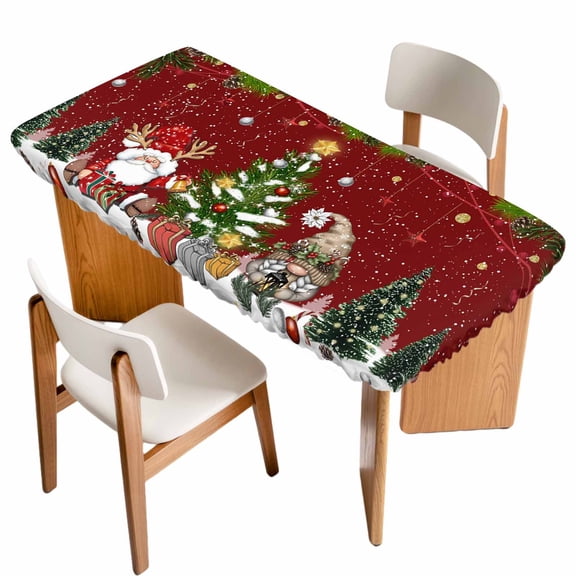 Red Christmas Table Cloths for 4 Foot Rectangle Tables, Gnomes Xmas Tree Snowflake Winter Gifts Patio Waterproof Elastic Fitted Tablecloths, Washable Rectangular Table Cover for Camping
