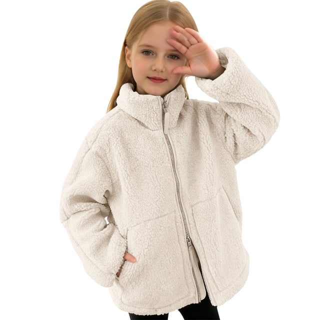 Liyamei Children's Solid Color Double Zipper Fleece Jacket Beige 5-6 Years
