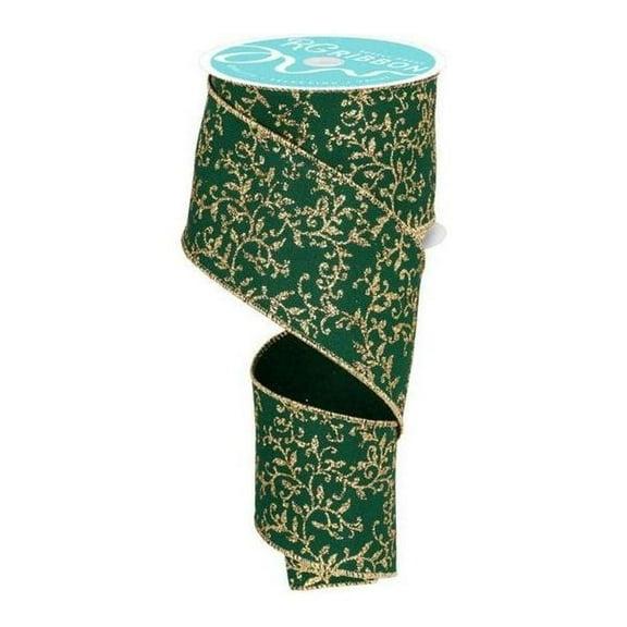 2.5" Glitter Mini Leaf Vines Ribbon: Hunter Green/Gold (10 Yards)