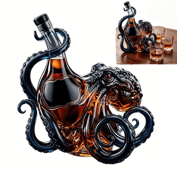 3D Octopus Wine Bottle, 350ml Glass Whiskey Decanter, Sculpted Tentacle Design Bottle Holder Shaped for Whiskey Wine Soda, Ocean Themed Gift for Men(RL)