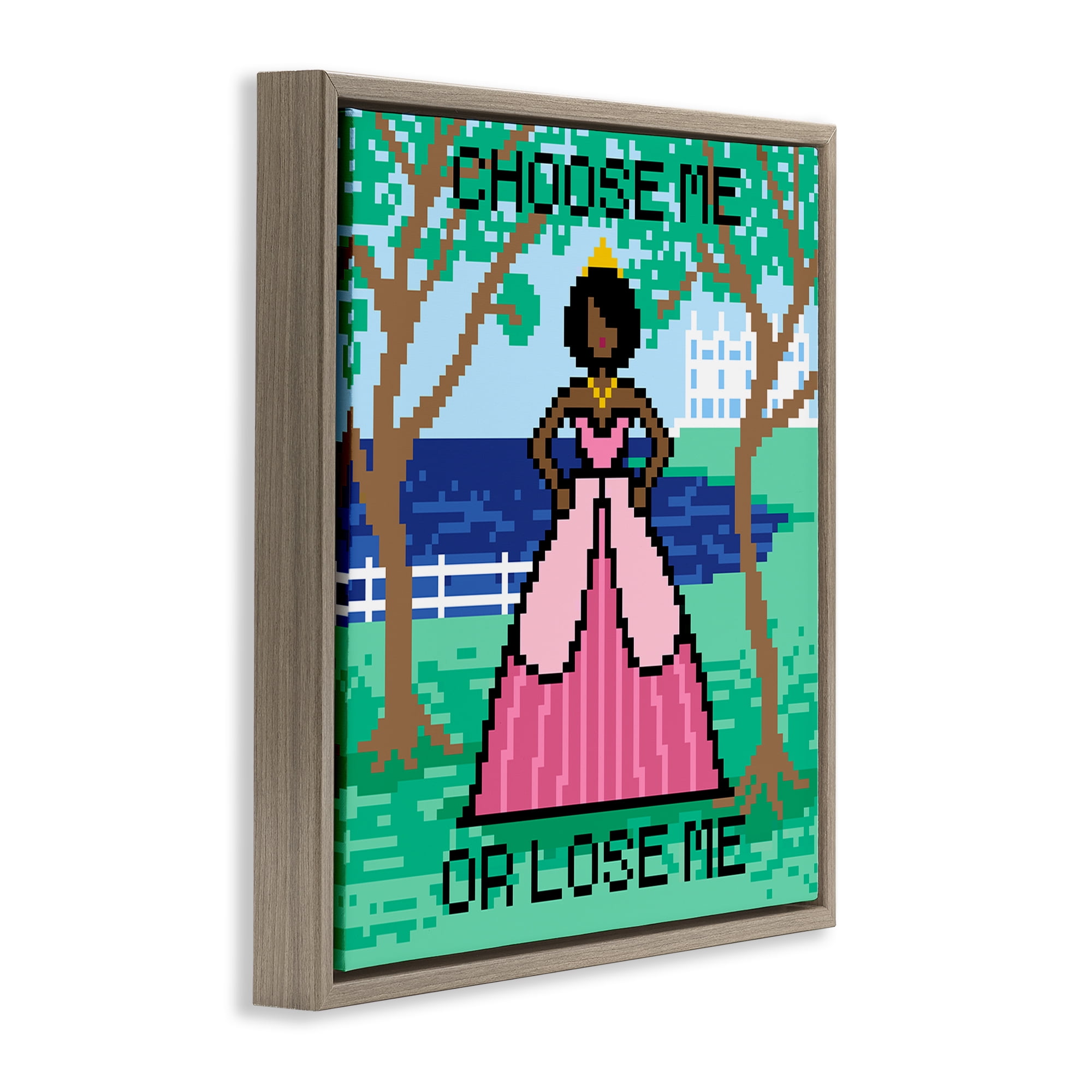 Stupell Industries Choose Me Pixel Princess People Painting Brown Floater Framed Canvas Art Print Wall Art, 18 x 18