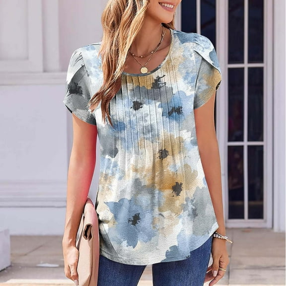 Weiqiqre Spring Tops for Women 2025 Short Sleeve Summer Casual Crew Neck Shirts Floral Solid Blouse Pleated Tunics
