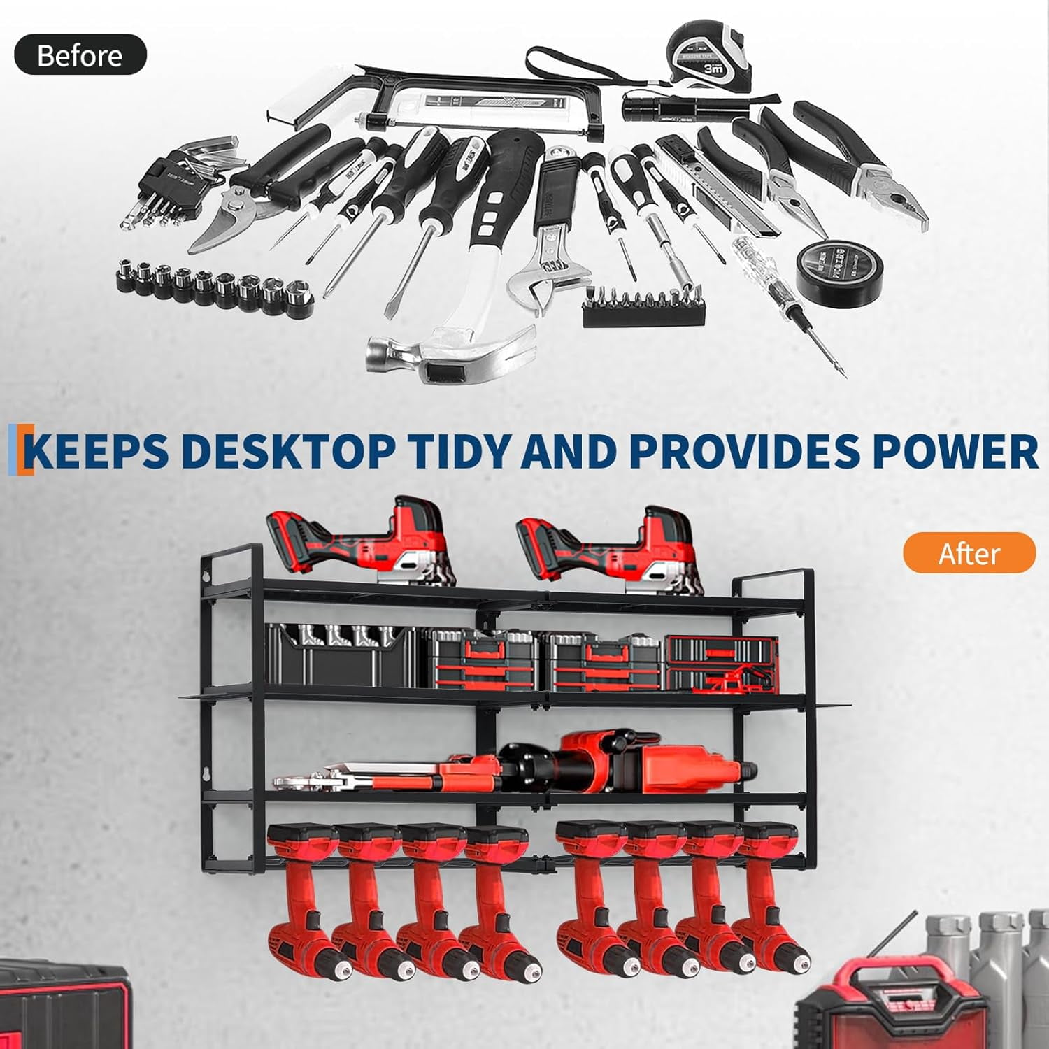 Power Tool Organizer, Drill Holder Wall Mount, Heavy Duty 4-Layer Drill Storage Shelf Loads 400Lbs, 8 Drill Holders and Drill Bit Rack, Utility Power Tool Storage for Garage Workbench