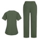 thumbnail image 4 of Conjuntos de uniforme médico para mujer, informal, cuello en V, manga corta, camiseta y pantalones con cintura elástica, color liso, 2 piezas, con bolsillos, 4 of 9