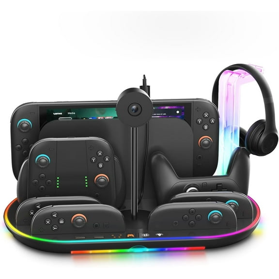 Charging Station for Switch 2 with Cooling Fan Uberwith Controller Charger for JoyCons and Pro Dock Stand with RGB Light 2 USB Ports 7 Game Card Slots LED Indicators