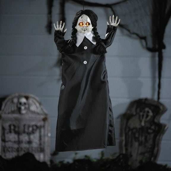 27 1/2" Animated Hanging Cracked Face Doll with Black Dress Halloween Decoration
